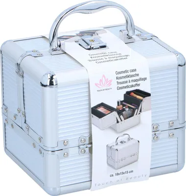 Immagine prodotto di Touch of Beauty Makeup Case Silver Cosmetic Organiser con maniglia e serratura a chiave 18 x 15 x 15 cm Interno foderato in pile Facile da trasportare Alluminio
