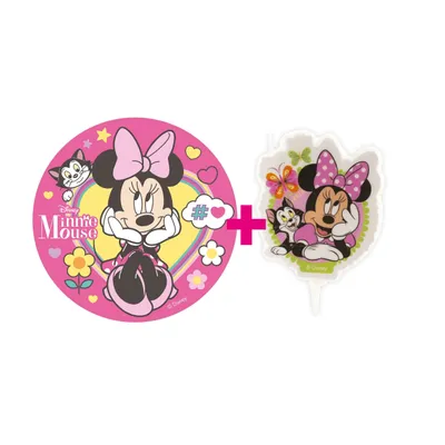 Produktbild von 2er Set Minnie Mouse Tortenaufleger & Kerze Geburtstag