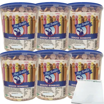 Produktbild von Ahoj Brause Bonbons Brauseplättchen mit Zitronen Orangen Himbeer Cola Geschmack 6er Pack (6x1800g) + usy Block