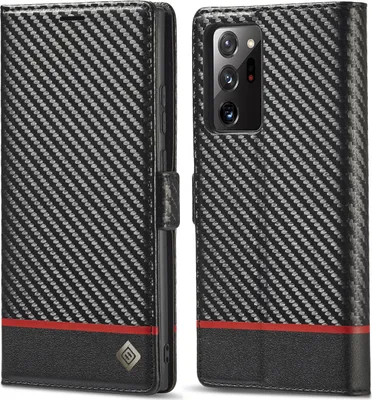 Produktbild von Hülle für Samsung Galaxy Note20 5G/4G Kohlefaser Leder Brieftasche Schutzhülle mit Standfunktion Schwarz Horizontal Rot
