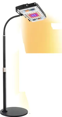 A black floor lamp with an adjustable gooseneck arm holding a rectangular LED grow light fixture. The light fixture has visible red and purple LEDs.