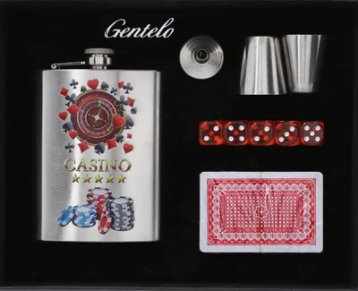 Immagine prodotto di Fiaschetta + bicchierini + imbuto + carte + dadi per gli amanti del casinò