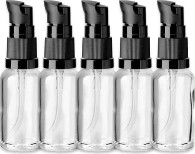 Produktbild von 5x Klare Glasflasche 20 ml mit schwarzer Pumpe leer zum Befüllen Set