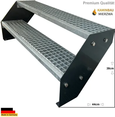 Obrázok produktu pre Mriežkované oceľové schodisko s 2 stupňami Pozinkované a antracitovo práškovo lakované pozdĺžniky - (d x š x v) 44 cm x 80 cm x 38 cm