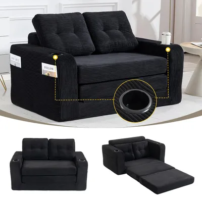 Produktbild von Cord-Zweisitzer-Sofa, Getraenkehalter, Seitentaschen, umbaubar, 136 x 80 x 83 cm, Schwarz