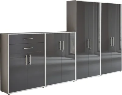 Produktbild von Aktenschrank TABOR 56 in lichtgrau / anthrazit Hochglanz, Schrankwand, Büroschrank, abschließbar, Metallgriffe
