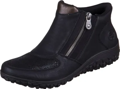 A black Rieker women's ankle boot with a side zipper.