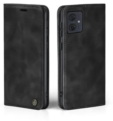 A black flip case for a smartphone is shown from two angles.