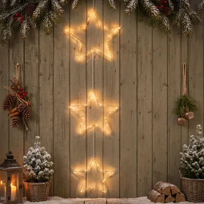 Produktbild von Metall Leuchtstern weiß 3er Set für Außen mit Timer batteriebetrieben 150 cm - 180 LED - Weihnachts Drahtstern zum Hängen warm weiß beleuchtet