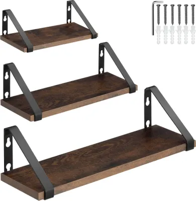 Three wooden shelves with black metal brackets are displayed against a white background. Hardware for mounting the shelves is shown in the upper right corner.