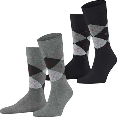 Produktbild von Burlington Herren Socken, 2er Pack - Argyle, Clip, One Size, 40-46 Schwarz/Grau 40-46