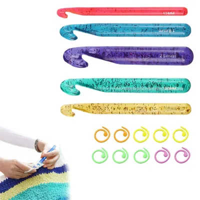 Häkelnadel-Set 12-25 mm, 5 bunte Nadeln + 10 Maschenmarkierer