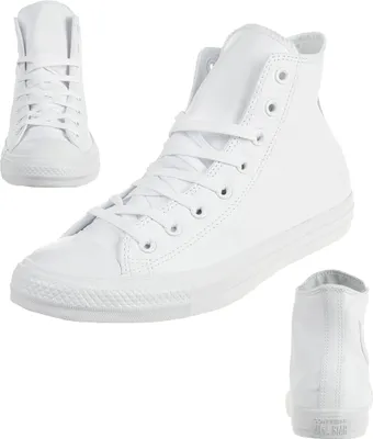 Multiple views of a white high-top Converse sneaker.