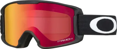 A pair of Oakley ski goggles with a red and orange lens.