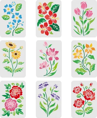 Produktbild von Blumenschablonen-Set 9 Stück - 29,7 x 21 cm - Wiederverwendbare Vorlage zum Malen von Blumen und Blättern auf Holz, Boden, Wand