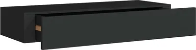 A black floating shelf with one drawer partially open, shown against a white background.