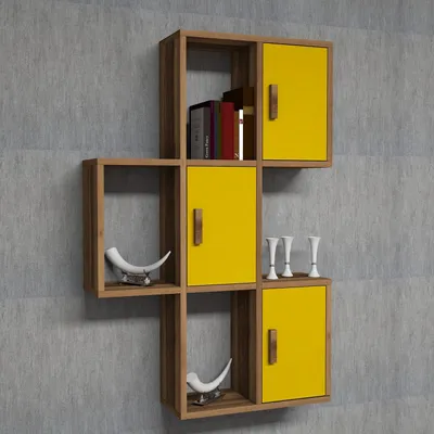 Image de Skye Decor, Flora - Walnut, Yellow, étagère murale, noyer, 100 % PANNEAUX ESPAGNOLS REVÊTUS DE MÉLAMINE, 50 x 20 x 112,6 cm