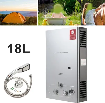 Obrázok produktu pre 18-litrový plynový ohrievač na prechodný prietok – ohrievač vody na propan/LPG – okamžité ohriatie vody, prenosná sprcha na vonkajšie použitie a kemping, s príslušenstvom – strieborná farba