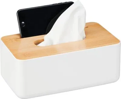 Produktbild von Weiße Taschentuchbox mit Bambusdeckel