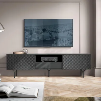 Obrázek produktu pro Komoda, TV skříňka ORILLIA - Černá - Frézovaná čela - Zásuvka - Šířka 180 cm, Výška 51 cm, Hloubka 38 cm