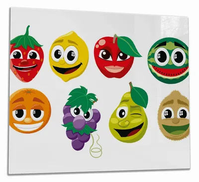 Produktbild von Wallario Herdabdeckplatte aus Glas, Größe 60 x 52 cm 1-teilig, Motiv Obst-Smilies im Comic-Stil - Lustige Früchte