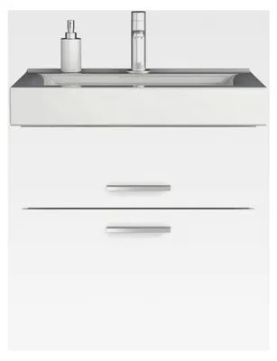 Produktbild von Waschtisch mit Unterschrank 60 cm, Hochglanz Weiß, Waschtischplatte & Waschbecken hängend, Badmöbel