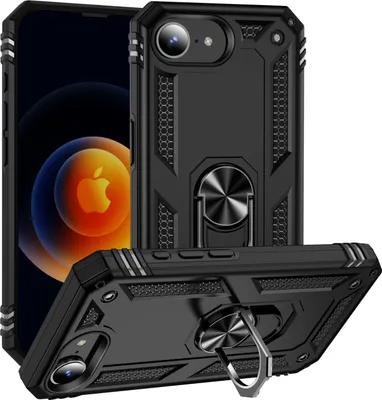 A black iPhone case with a ring holder is shown from multiple angles, with a portion of an iPhone screen visible.