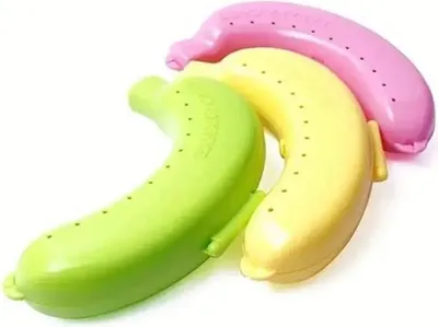 Image de set de 3 boîtes de protection de bananes en plastique - boîte de rangement de bananes pour les voyages (vert. jaune, rose)