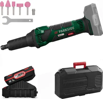 A collage of images showing a cordless rotary tool with accessories, a battery pack, charger, and a carrying case.