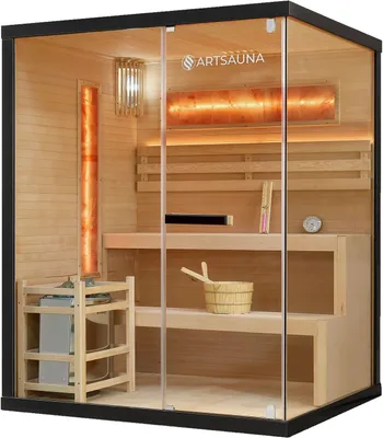 Produktbild von Artsauna Saunakabine Vantaa 150 mit Salzstein - Indoor Sauna 3 Personen - 4,5kW Ofen, Glasfront, LED Licht, Thermometer & Sanduhr - Komplett Set