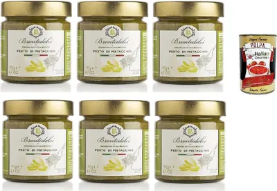 Produktbild von Brontedolci Pesto di Pistacchio Pistazien Pesto kochsaucen pasta sauce, pistachio cooking sauce 6x 190g in Glas aus Sizilien mit 55% Pistazien + Italian Gourmet polpa 400g