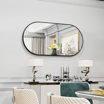 Produktbild von WISFOR Spiegel mit schwarzem Metallrahmen, Modern Oval und Rund Wandspiegel Badzimmerspiegel Dekospiegel, hängend, 100×50cm