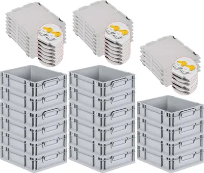 Produktbild von SuperSparSet 16x Eurobox NextGen Economy mit Scharnierdeckel und gelben Schiebeschnappverschlüssen | Griffe geschlossen | HxBxT 12x30x40cm | 11 Liter | Eurobehälter, Transportbox, Transportbehälter, Stapelbehälter