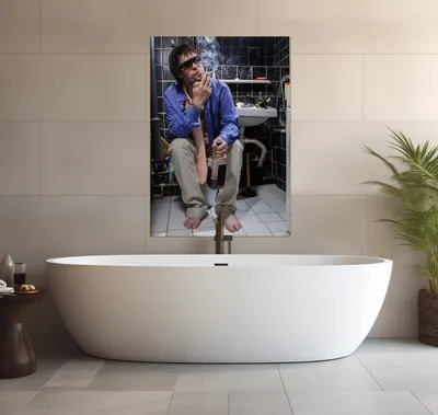 Produktbild von Wallario wasserfestes Poster selbstklebend 70 x 100 cm, Kloparty - Sexy Mann auf Toilette mit Zigarette, Badezimmerposter Spritzschutz mit Hochglanzoberfläche in Glasoptik