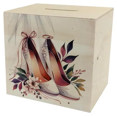 Produktbild von Spardose in Form von Brautschuhen aus Holz