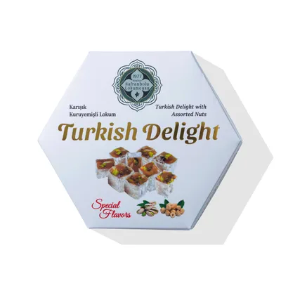 Produktbild von Meşhur Safranbolu Lokumcusu Turkish Delight mit gemischten Nüssen 200 g - Lokum mit Kokosüberzug