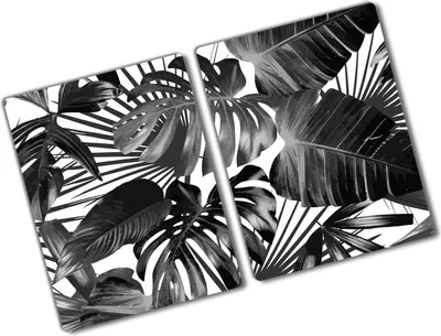 Produktbild von Tulup Glas Herdabdeckplatte - 2x40x52 cm - Glaskeramikkochfeld-Abdeckung Spritzschutz Glasabdeckplatte Kochplattenabdeckung und Schneidebrett - Zweiteilig - Blumen & Pflanzen - Tropische Blätter - Schwarzweiß