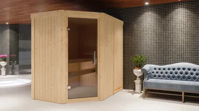 Produktbild von Karibu Sauna Innensauna Carin Eckeinstieg Ofen 9 kW  externe Strg easy 196x151x198 cm ohne Dachkranz mit Graphittür