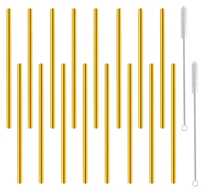 Image de Pailles pour cocktails en acier inoxydable doré, lot de 16, de 15,2 cm, réutilisables, avec brosse de nettoyage