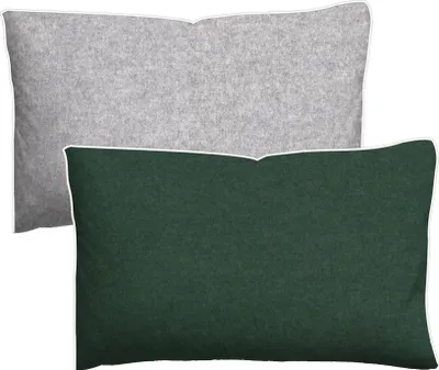 Two pillows, one gray and one dark green, are shown side-by-side.