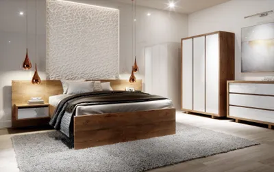Obrázek produktu pro Kompletní ložnicový set postel noční stolek skříň komoda design 5 ks.
