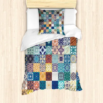 Immagine prodotto di ABAKUHAUS Set copripiumino marocchino, motivo patchwork con motivi tunisini Geometria astratta Motivo naturale, 135 x 200 cm + 80 x 80 cm, multicolore