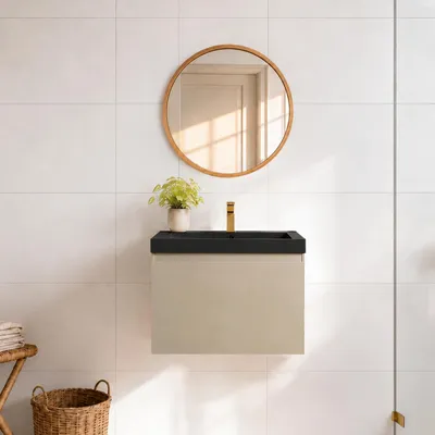 Produktbild von LOMAZOO Badezimmermöbel Greige 60cm - Schwarzes Waschbecken - Beige-graues Waschbeckenmöbel - Schwebender Waschbeckenunterschrank [MODENA]