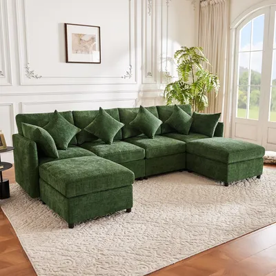 Produktbild von STILVORA Modulares Sofa mit umwandelbarer U-Form und L-Form, Sofaset mit 2 Hockern, Ecksofa mit 6 Chenille-Kissen, Grün