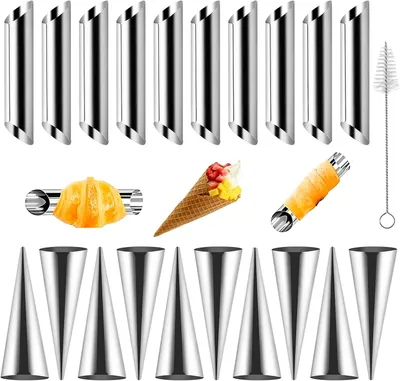Produktbild von 21-teiliges Cannoli-Backformen-Set mit Reinigungsbürste für Sahnehörner und Croissants