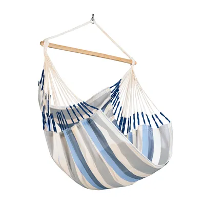 A hanging chair suspended from a hook.