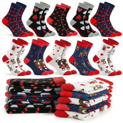 Produktbild von 10 Paar Damensocken mit Herzchen – bunte lange Socken aus Baumwolle, Größe 35–39
