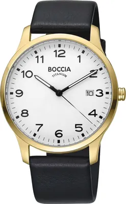 A studio shot of a men's wristwatch with a white face, gold casing, and black leather strap.