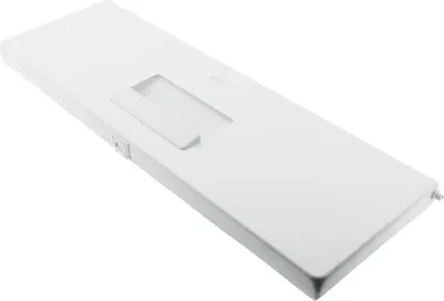 A white refrigerator freezer compartment door flap is shown from a diagonal angle against a white background.