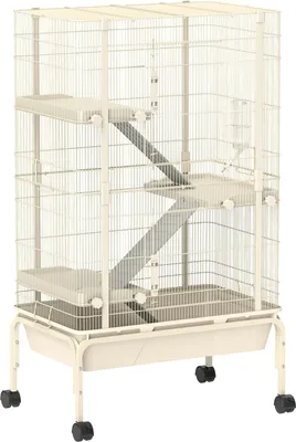 Produktbild von Kleintierkäfig, Nagerkäfig Frettchenkäfig mit 3 Rampen Mäusekäfig mit ausziehbarem Tablett, Futterschale, Wasserflasche, Käfig mit Zubehör für Chinchilla, Eichhörnchen, Zwerghamster Beige |